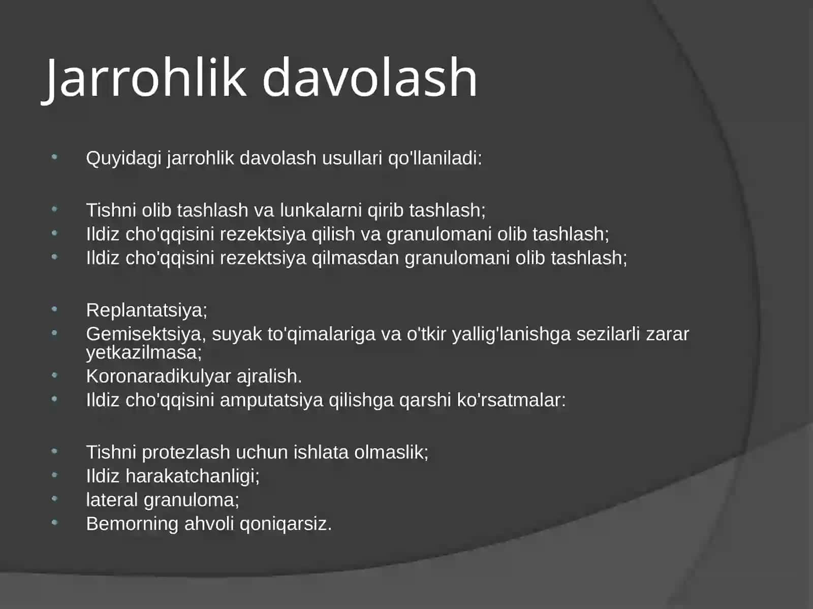 Periodontitlarni tekshirish natijalariga ko‘ra tashxislash va xirurgik davolash usullariga ko‘rsatma va qarshi ko‘rsatmalarni aniqlash. Periodontitlarni xirurgik davolashda tish saqlovchi operatsiyalar 4