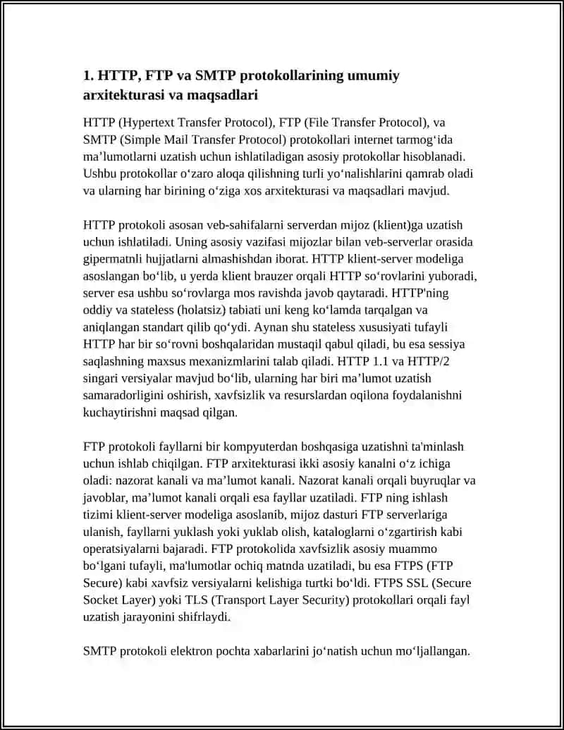 HTTP, FTP VA SMTP PROTOKOLLARINI FUNKSIONAL IMKONIYATLARI VA QO‘LLANILISH SOHALARI BO‘YICHA TAQQOSLASH 4