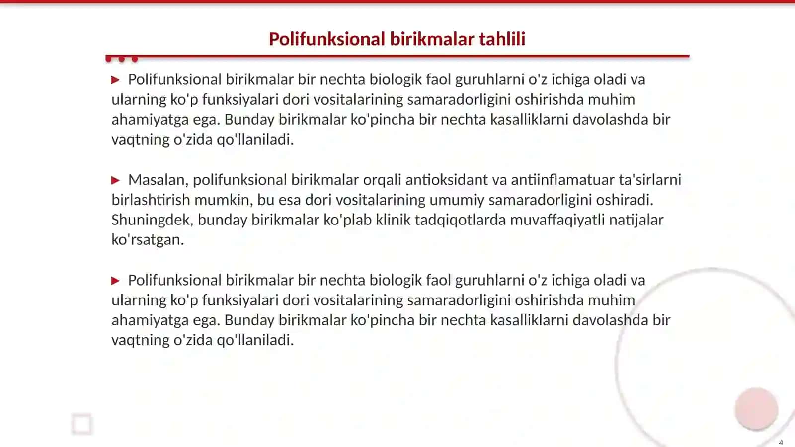 Getero- va polifunksional birikmalar asosida ishlab chirariladigan zamonaviy dori vositalari 4