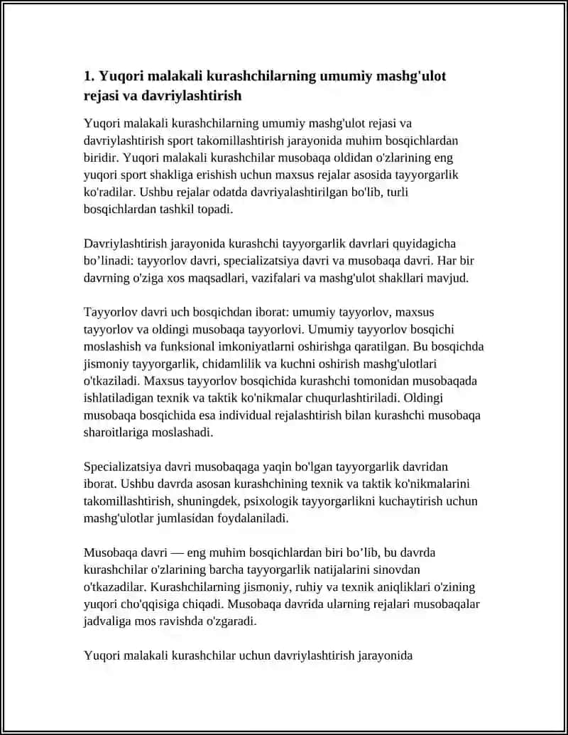 YUQORI MALAKALI KURASHCHILARNI SPORT TAKOMILASHTRISHNI REJALARI 4