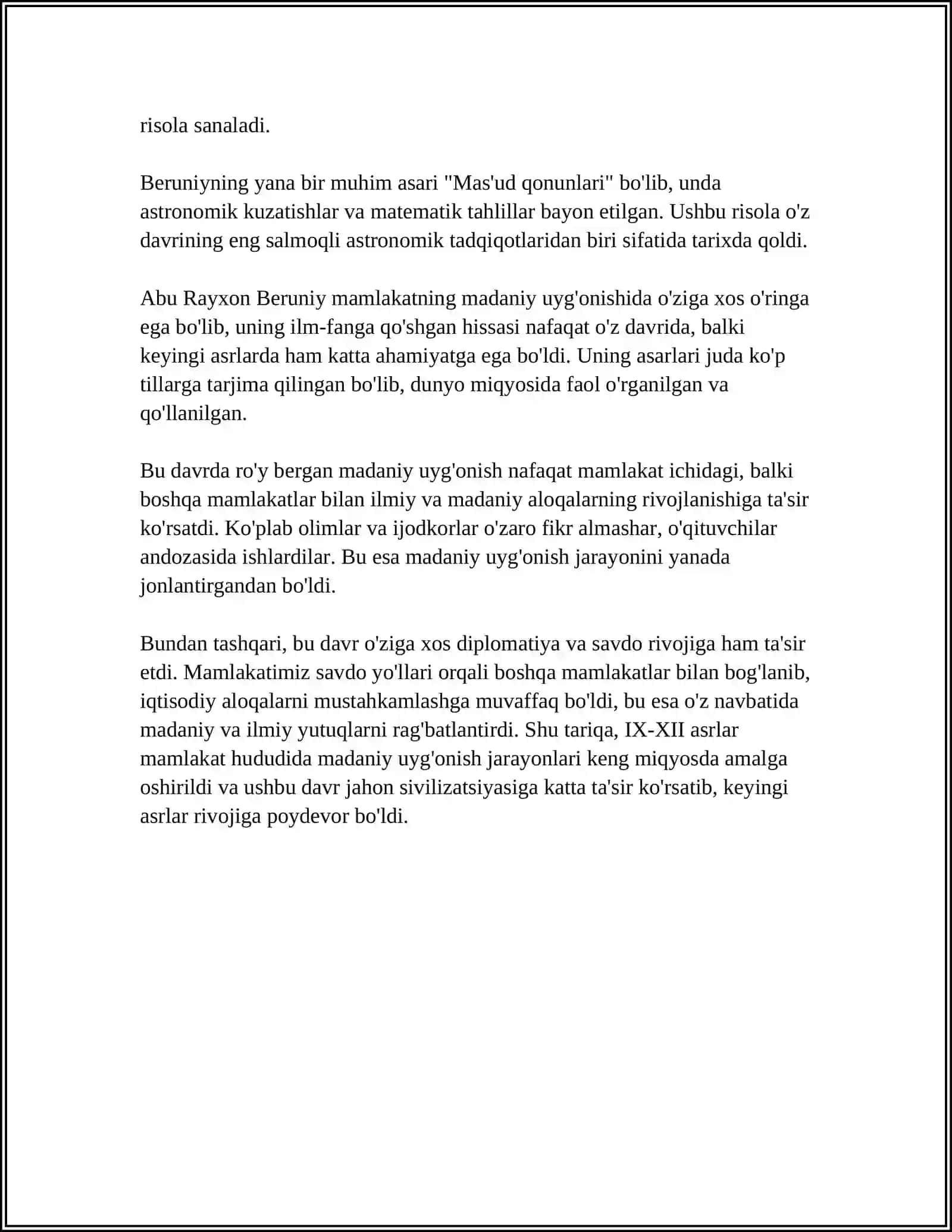 IX-XII MAMLAKATIMIZ HUDUDIDA RO’Y BERGAN MADANIY UYG’ONISH. ABU RAYXON BERUNIYNING JAHON SVILIZATSIYASIGA QO’SHGAN HISSASI 4