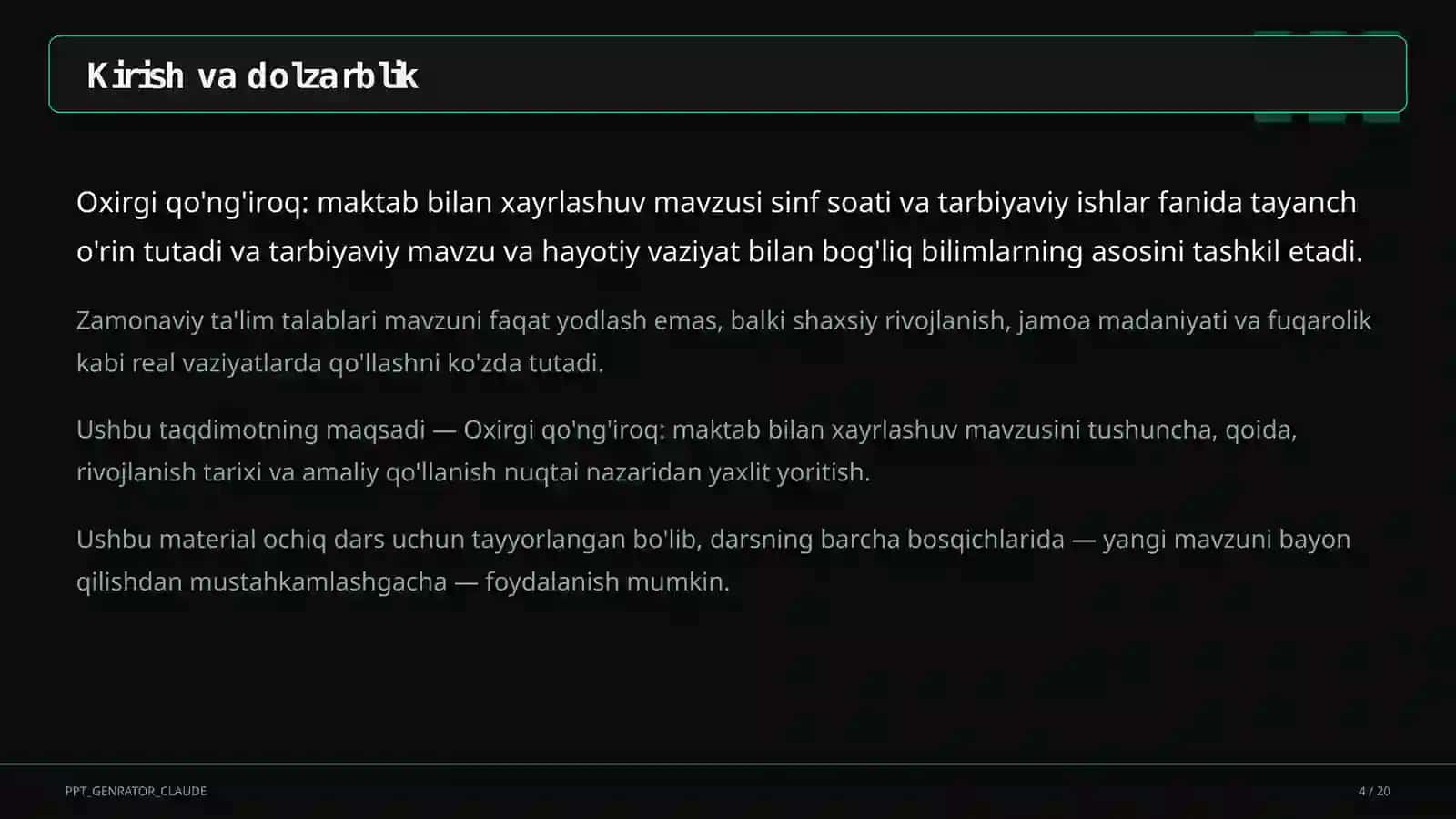 Sinf soati va tarbiyaviy tadbirlar (1– 11) — ochiq dars uchun 4