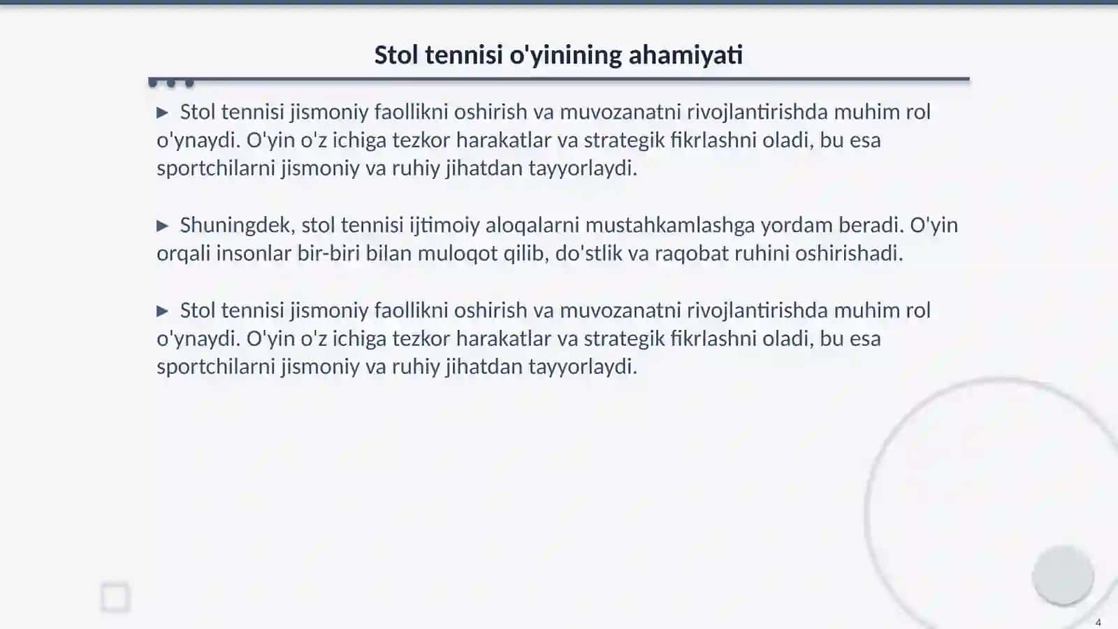 Stol tennisi o'yinida uchraydigan holat va harakatlarga o'rgatish 4