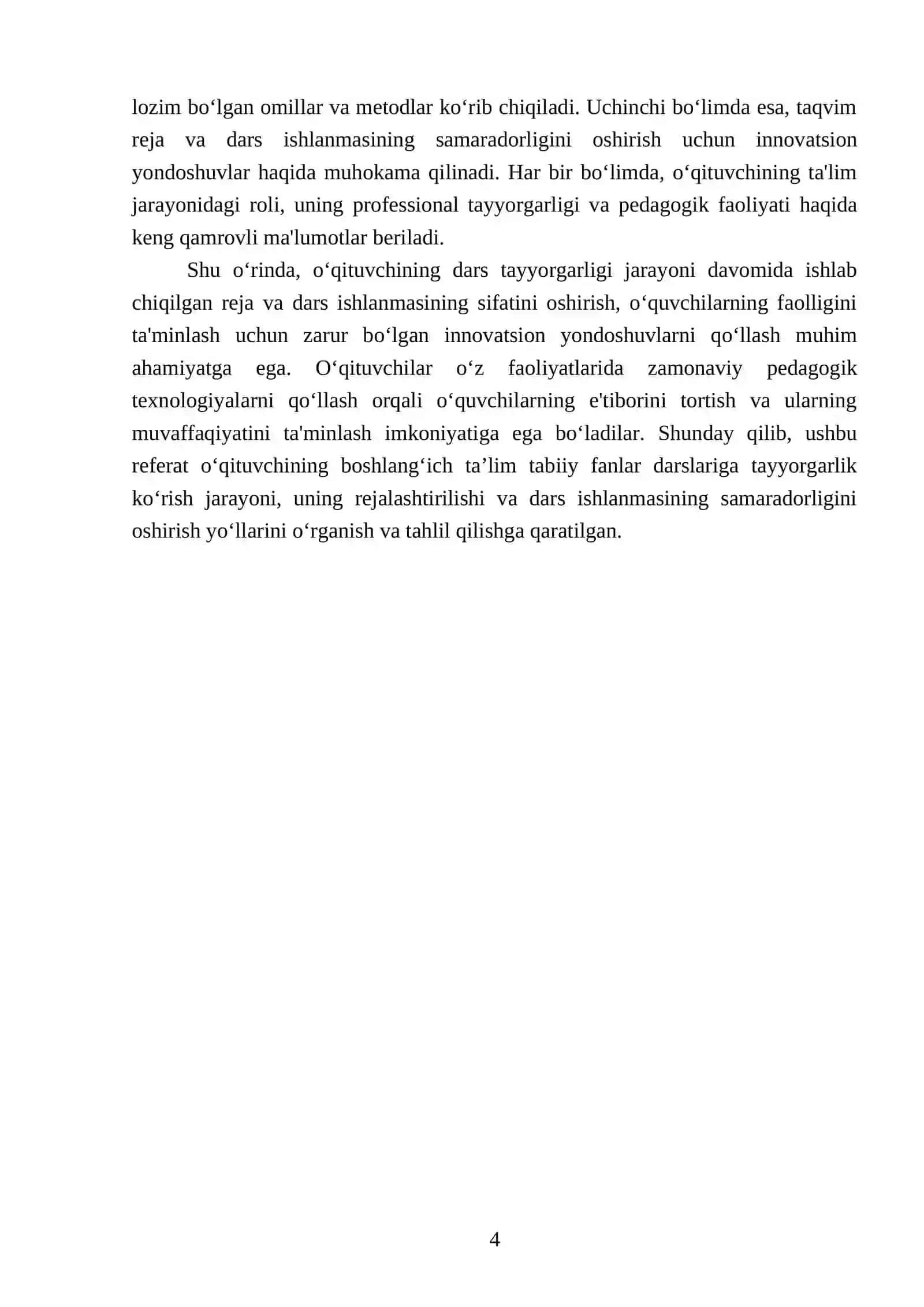 O‘qituvchini boshlang‘ich ta’lim tabiiy fanlar darslariga tayyorgarlik ko‘rishi. Rejalashtirish. Taqvim reja, dars ishlanmasini tuzish 4