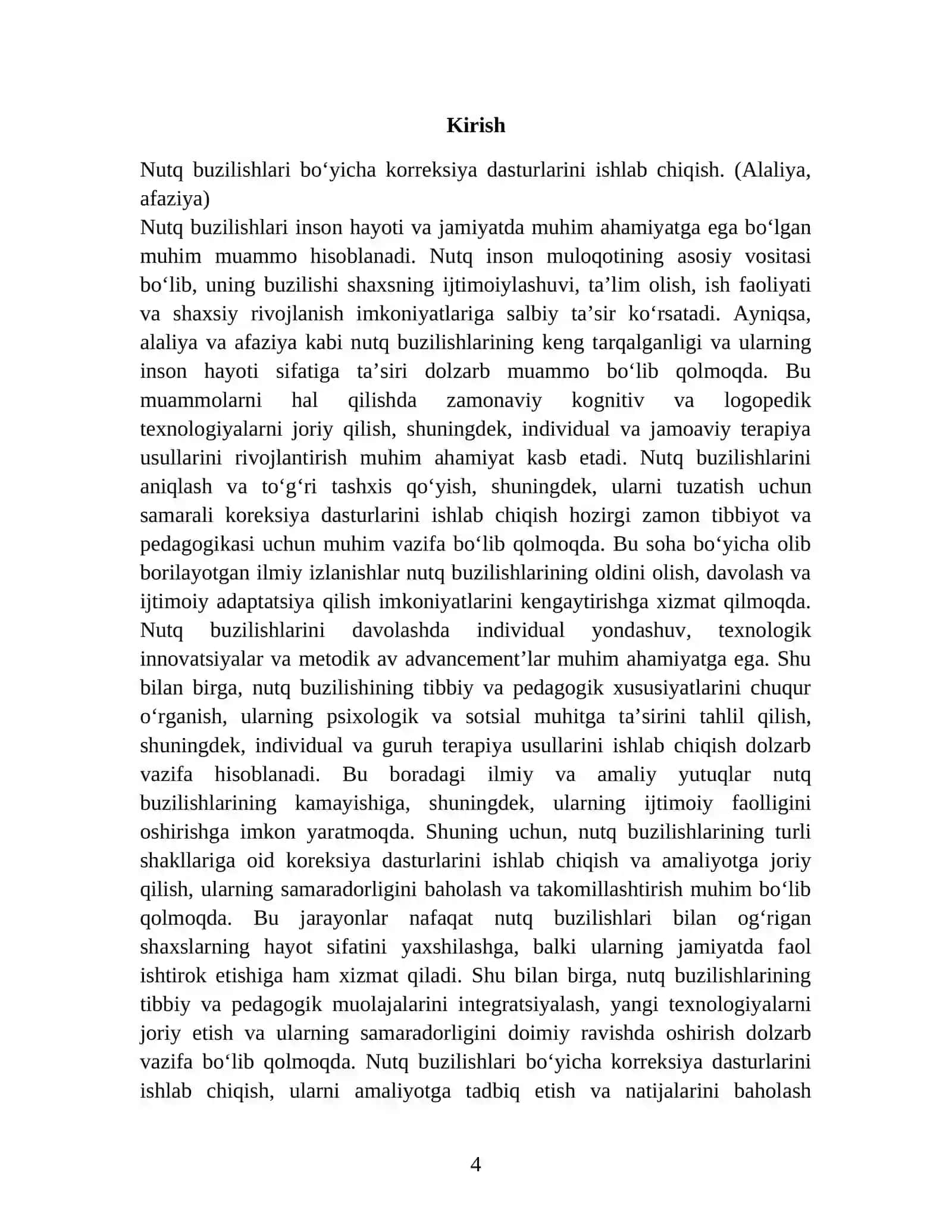 Nutq buzilishlari bo‘yicha korreksiya dasturlarini ishlab chiqish. ( Alaliya,afaziya ) 4