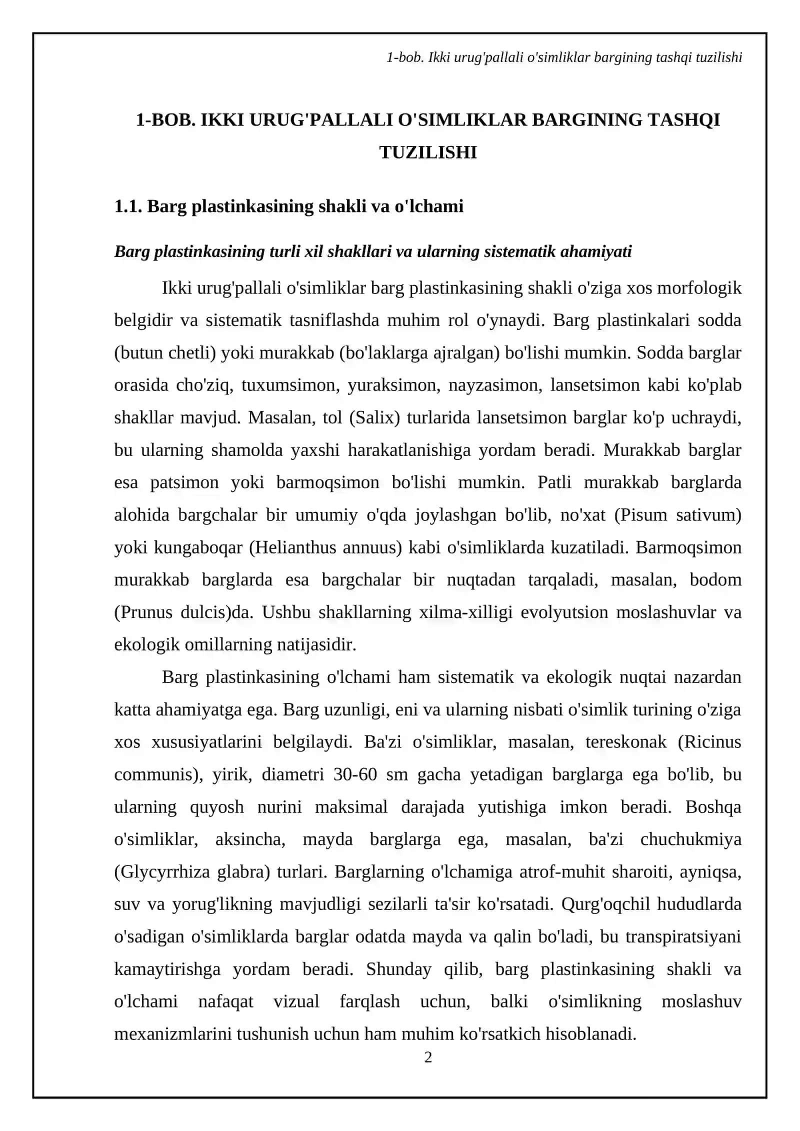 Ikki urug'pallali o'simliklar bargining morfologik va anatomik tuzilishi 4