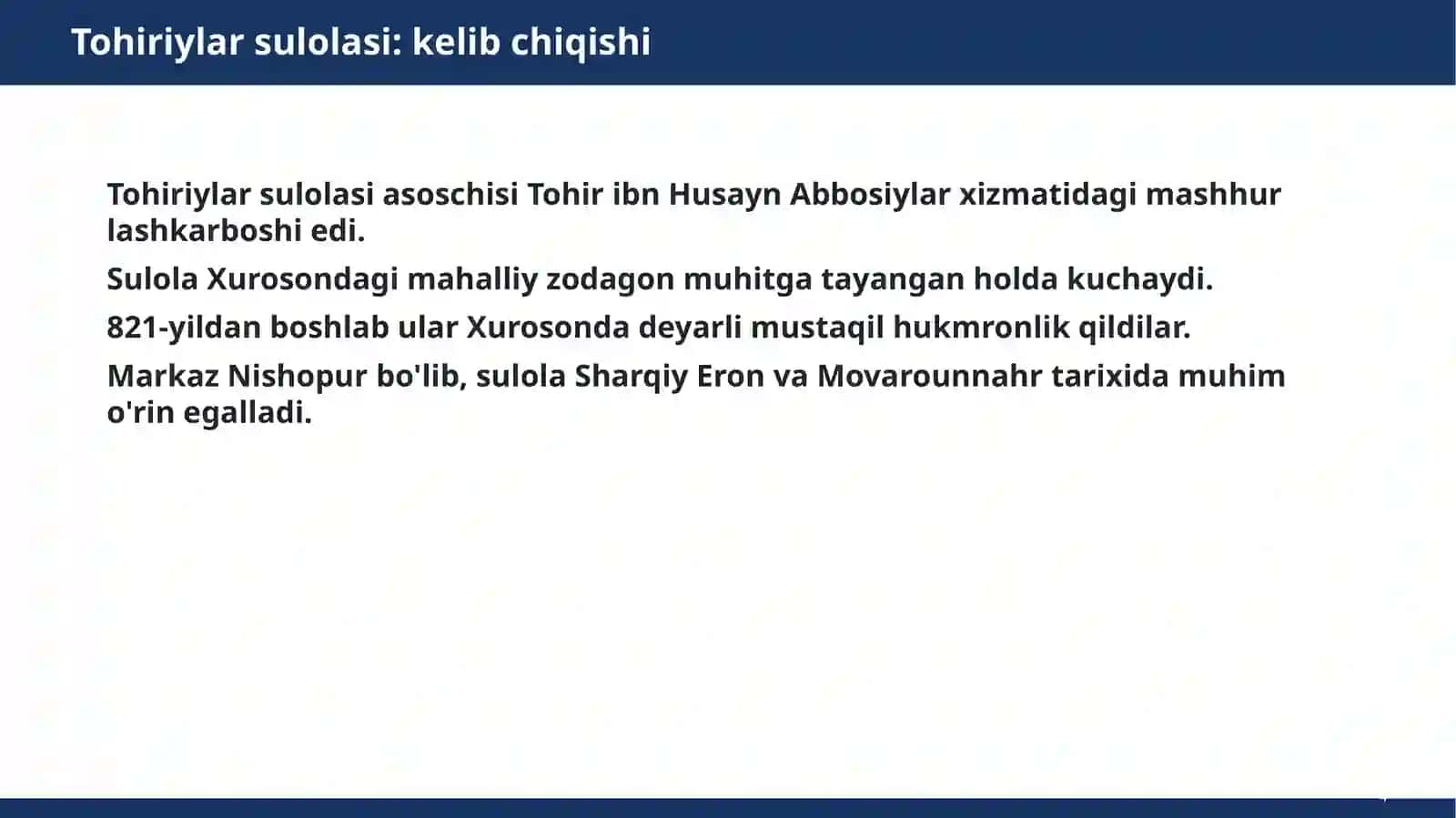 Tohiriylar, Safforiylar, Somoniylar, Temuriylar va Boburiylar Mashg'ulotturi: ma'ruza 4