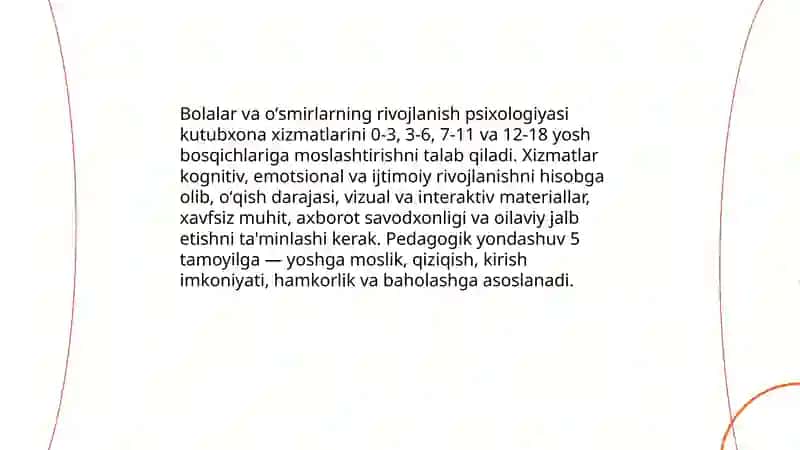 Kutubxona-axborot xizmati jarayonida pedagogik yondashuv: bolalar va oʻsmirlar bilan ishlashning asosiy tamoyillari 4