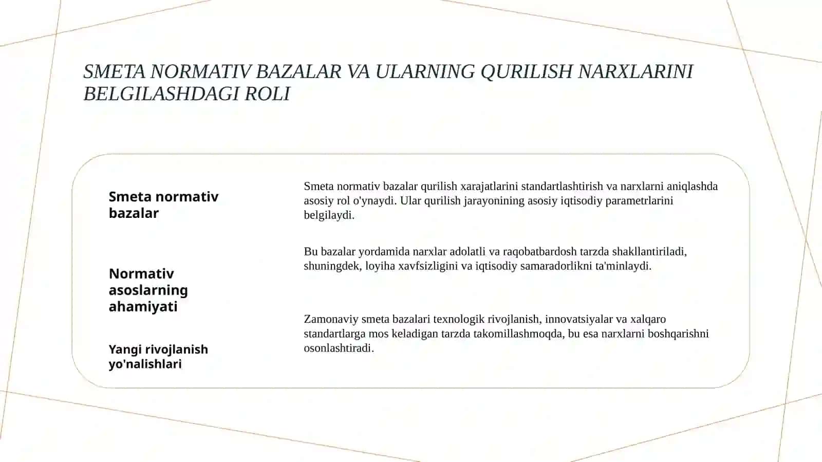 Kapital qurilishda narxlarni shakllantirishning smeta normatir bazasi va modullar qurilish trentlari 4
