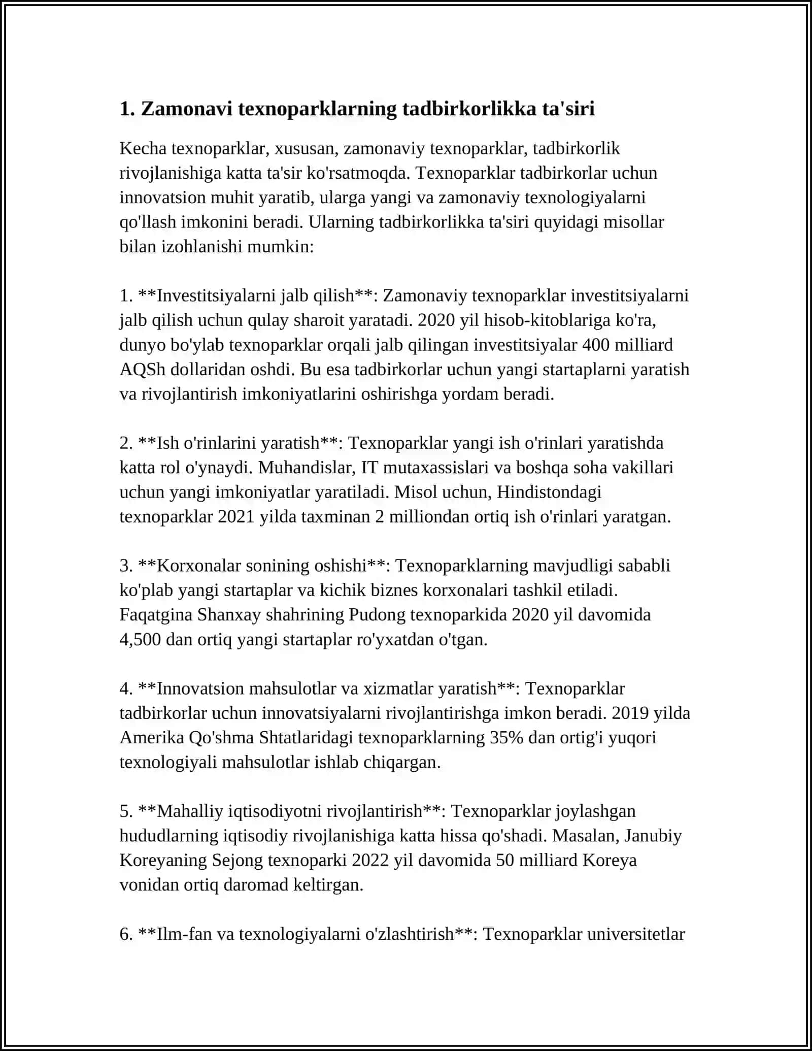 ZAMONAVIY TEXNOPARKLARNING TADBIRKORLIKNI RIVOJLANTIRISHDAGI OʼRNI 4