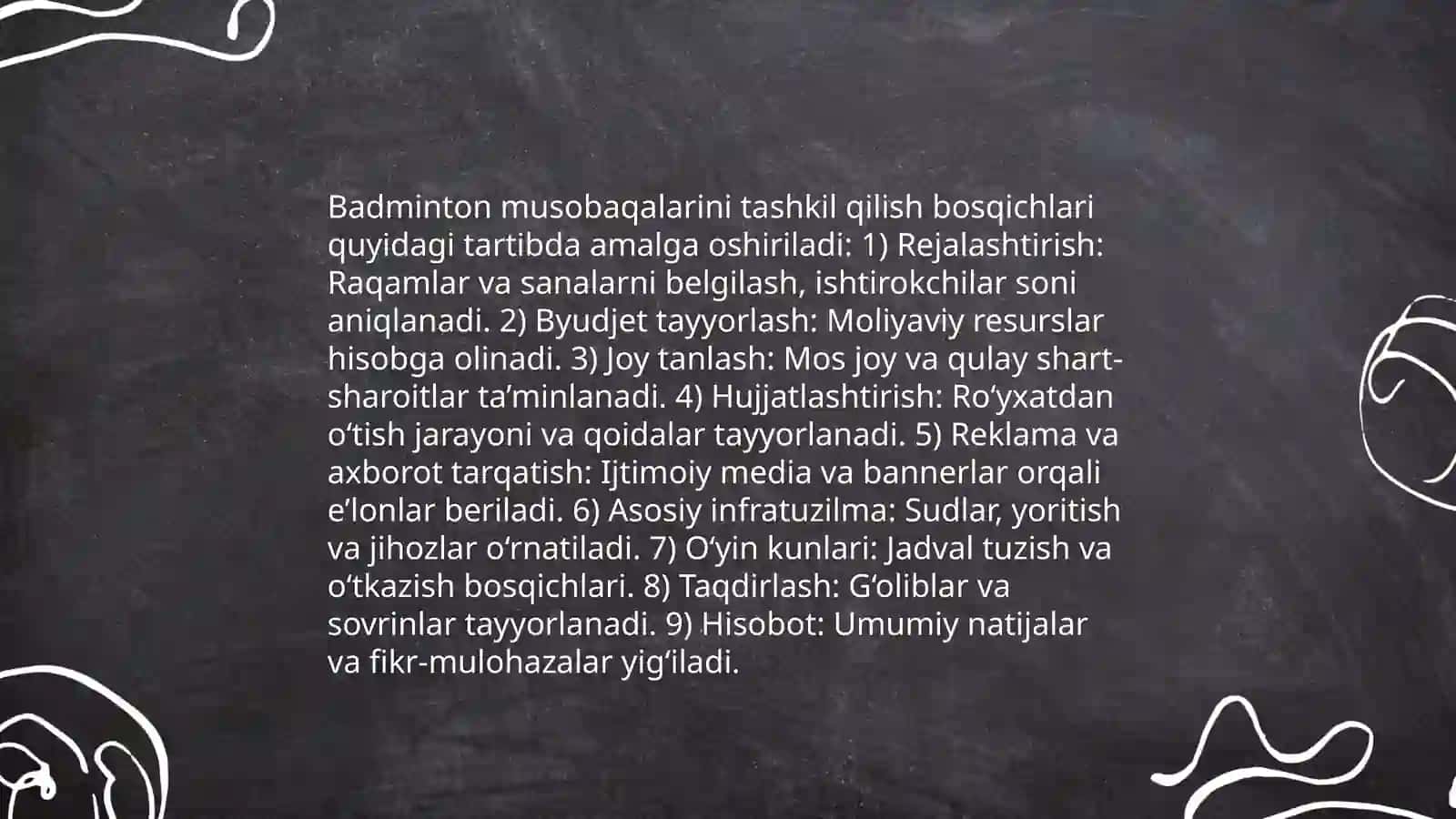 Badminton o'yin bo'yicha musobaqalar tashkil qilish va hakamlik qilish tasnifi 4