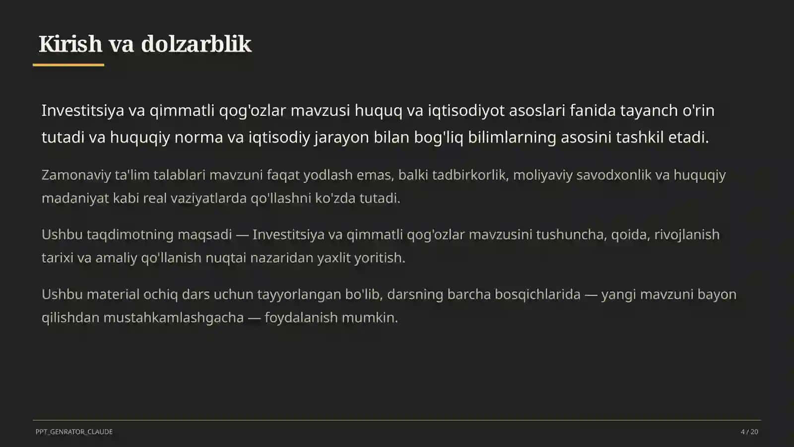 Huquq va iqtisodiyot asoslari (9–11) — ochiq dars uchun 4