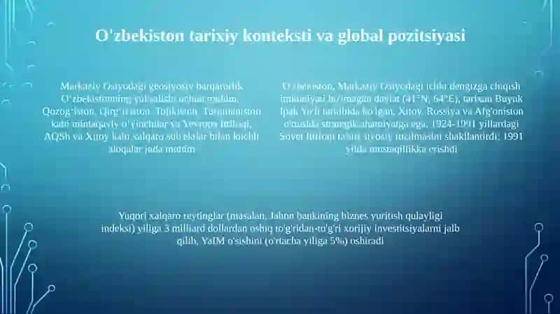 O'zbekistonning 2017 yildan beri Jahon bankining "Biznes yuritish qulayligi" indeksi va BMTning Inson taraqqiyoti indeksi kabi reytinglardagi o'sishi 4