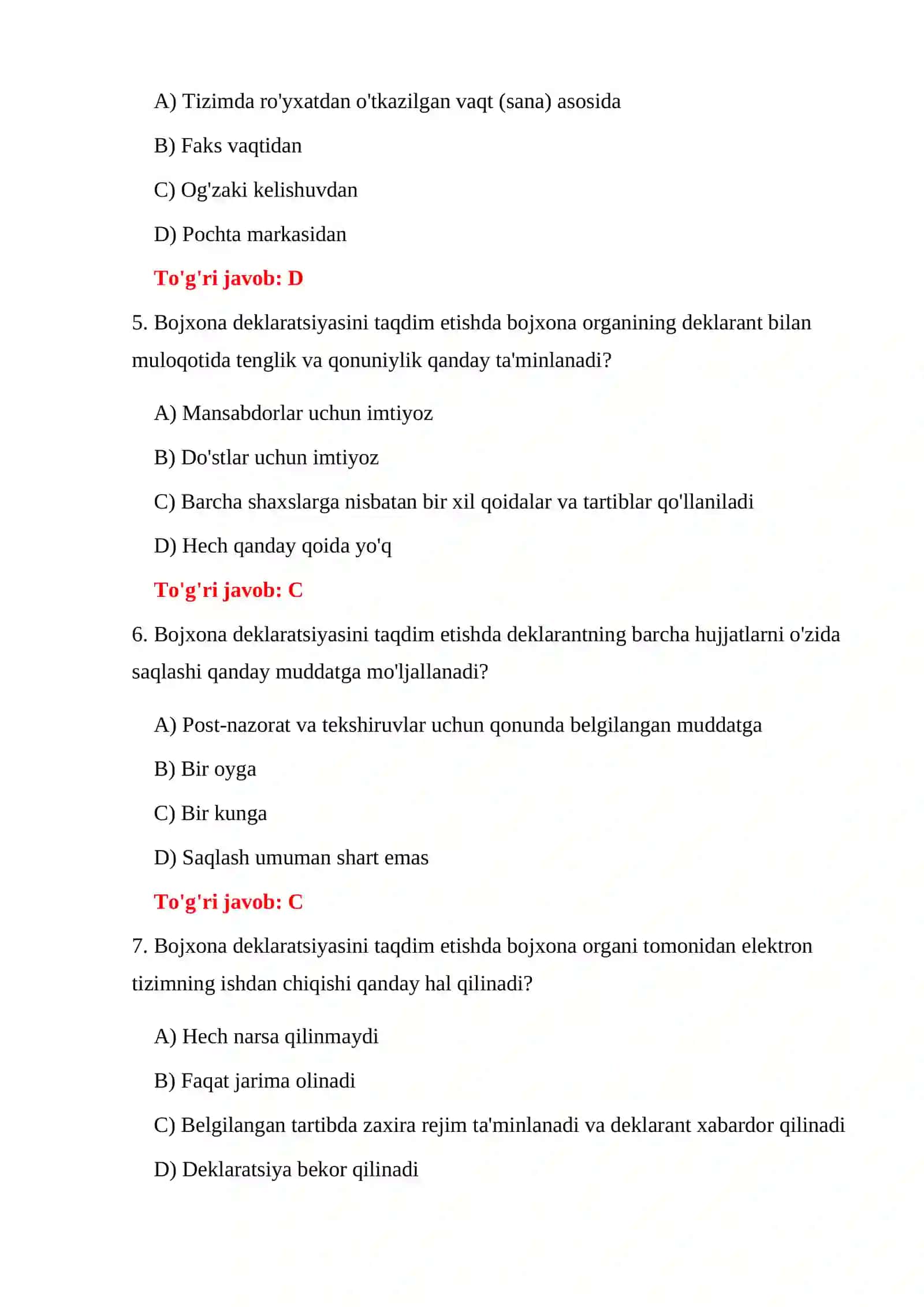 BOJXONA DEKLARATSIYASI TESTLARI 4