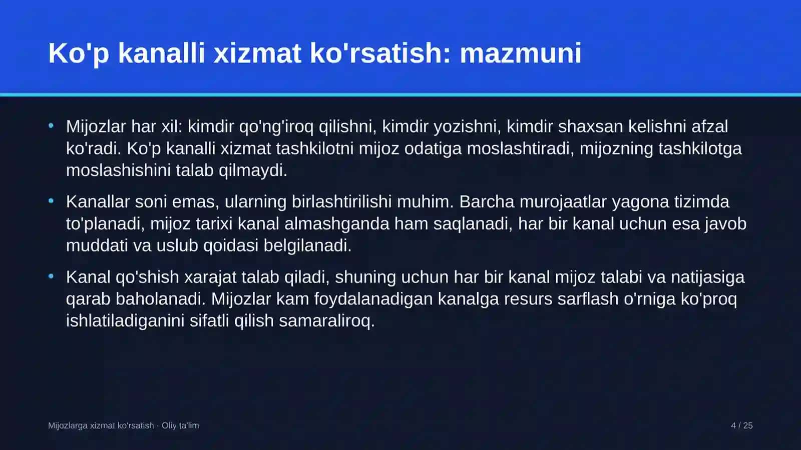 Mijozlarga xizmat ko'rsatish · Oliy ta'lim 4