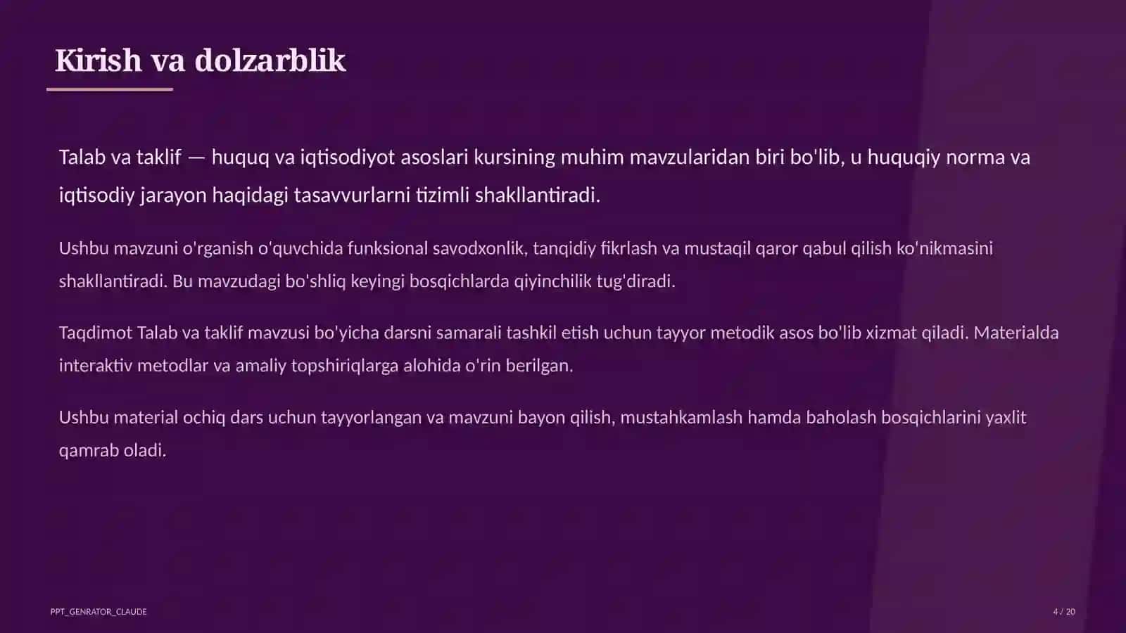 Huquq va iqtisodiyot asoslari (9–11) — ochiq dars uchun 4