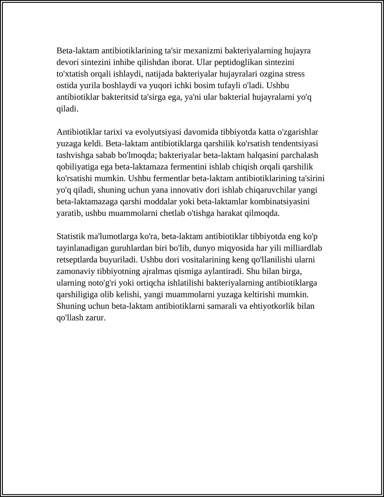 BETALAKTAM ANTIBIOTIKLAR - PENITSILLINIAR VA SEFOLOSPARINLARING TUZILISHI,URUVCHANLIGI,CHINLIGI, REAKSIYALARI 4