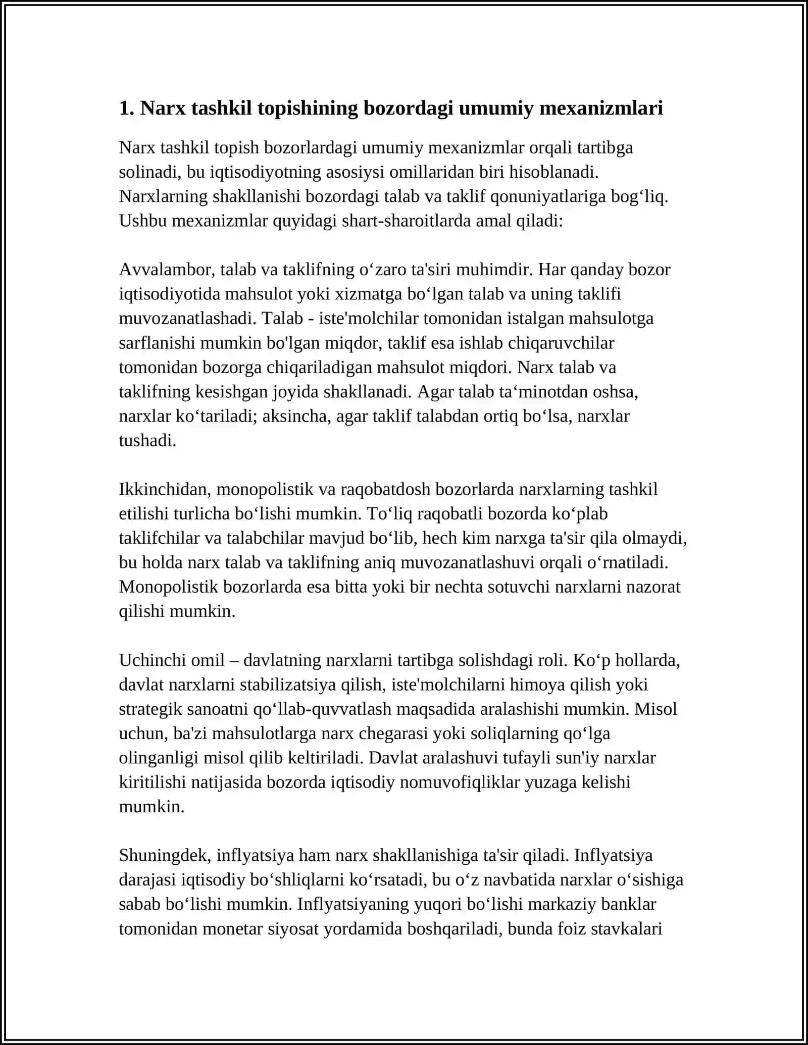 NARX TASHKIL TOPISHINING BOZOR MEXANIZMI. SOF RAQOBAT SHAROITIDA NARXNING SHAKLLANISH XUSUSIYATLARI. MANAPOLIYA SHAROITIDA NARXNING SHAKLLANISHI 4