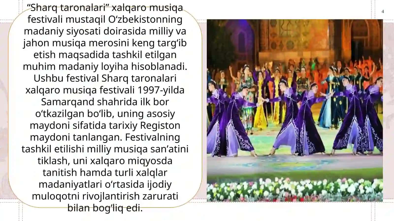 “Sharq taronalari” xalqaro musiqa festivali dunyo mumtoz musiqasining axborot manbasi sifatida. 4