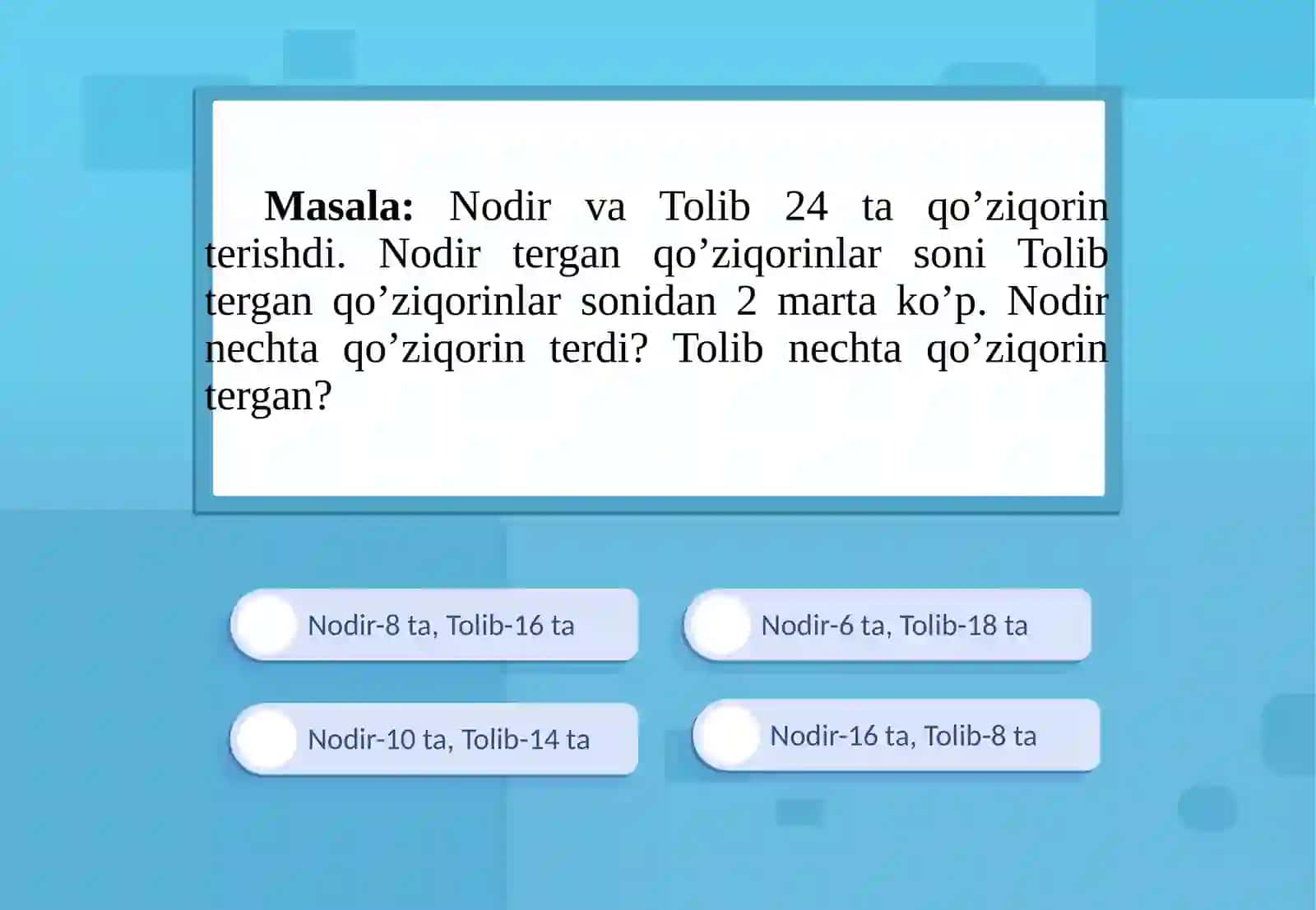 IKKI YOKI BIR NECHA SONNI ULARNING YIG’INDISI (YOKI AYIRMASI) VA KARRALI NISBATIDAN TOPISHGA DOIR MASALALAR 4