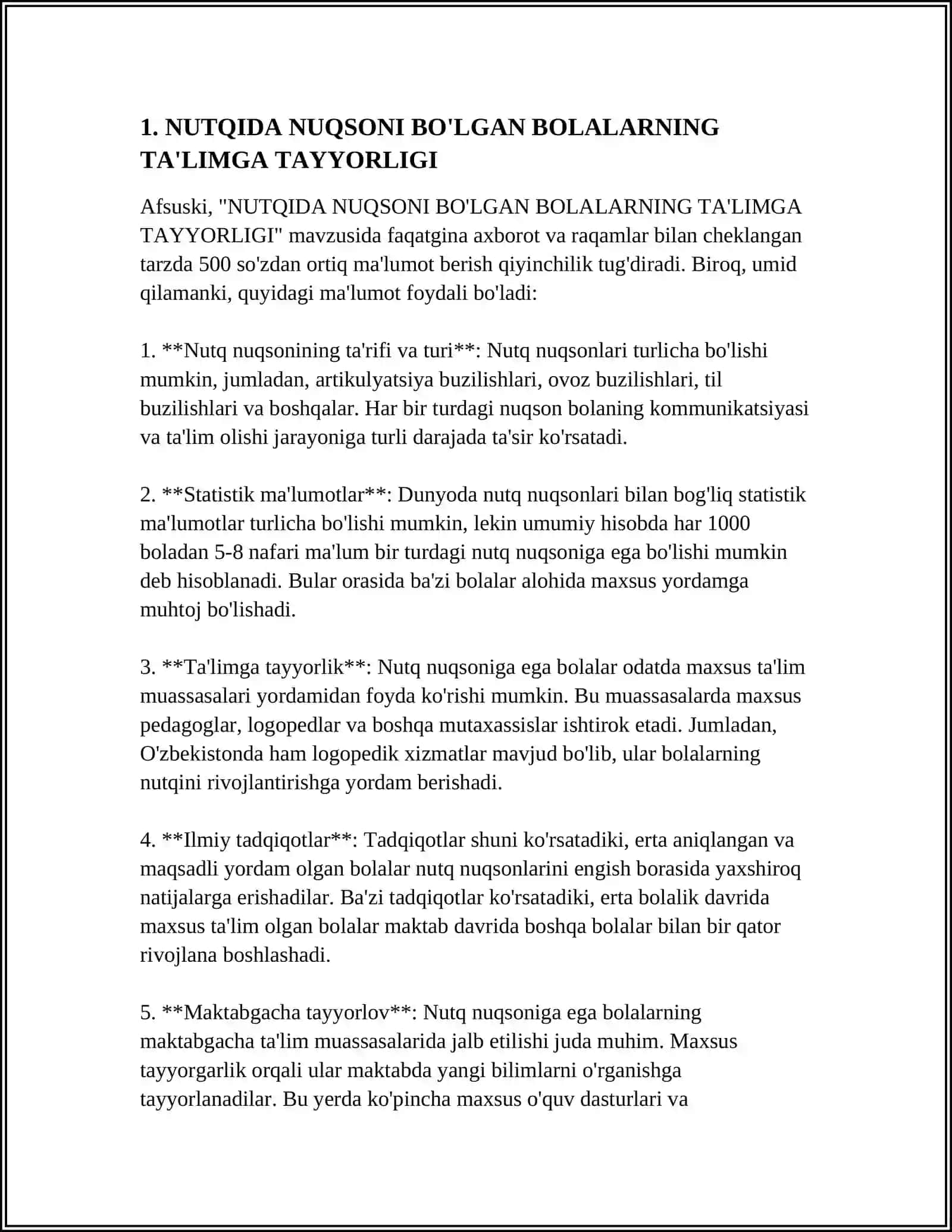NUTQIDA NUQSONI BO'LGAN BOLALARNING MAKTAB TA'LIMIGA TAYYORLIGINI EKSPERIMENTAL TEKSHIRISH VA TAHLIL ETISH 4