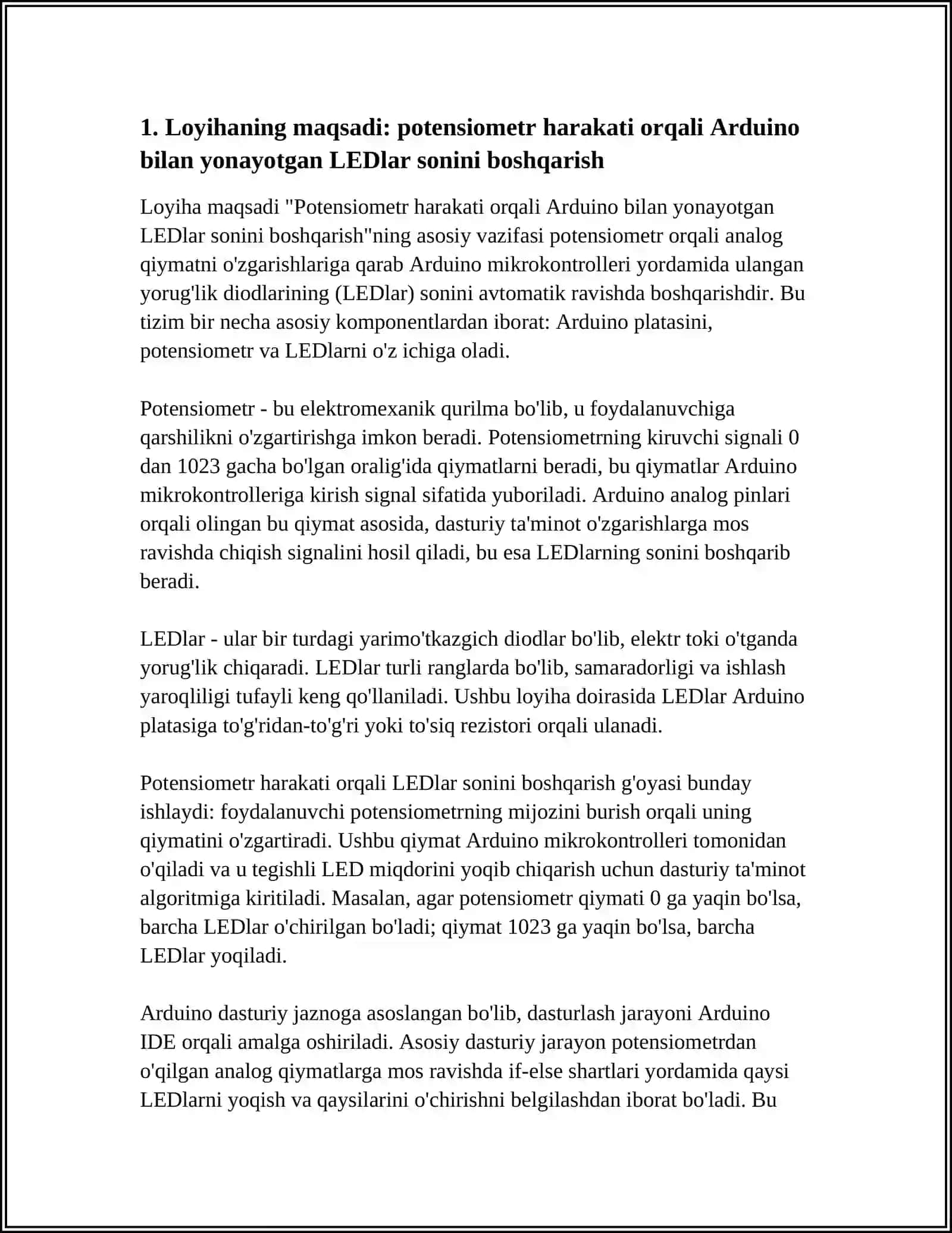 POTENSIOMETRNI XARAKATLANTIRISH ORQALI YONAYOTGAN YORUG‘LIK DIODININGSONINI O‘ZGARTIRISH (ARDUINODA) 4