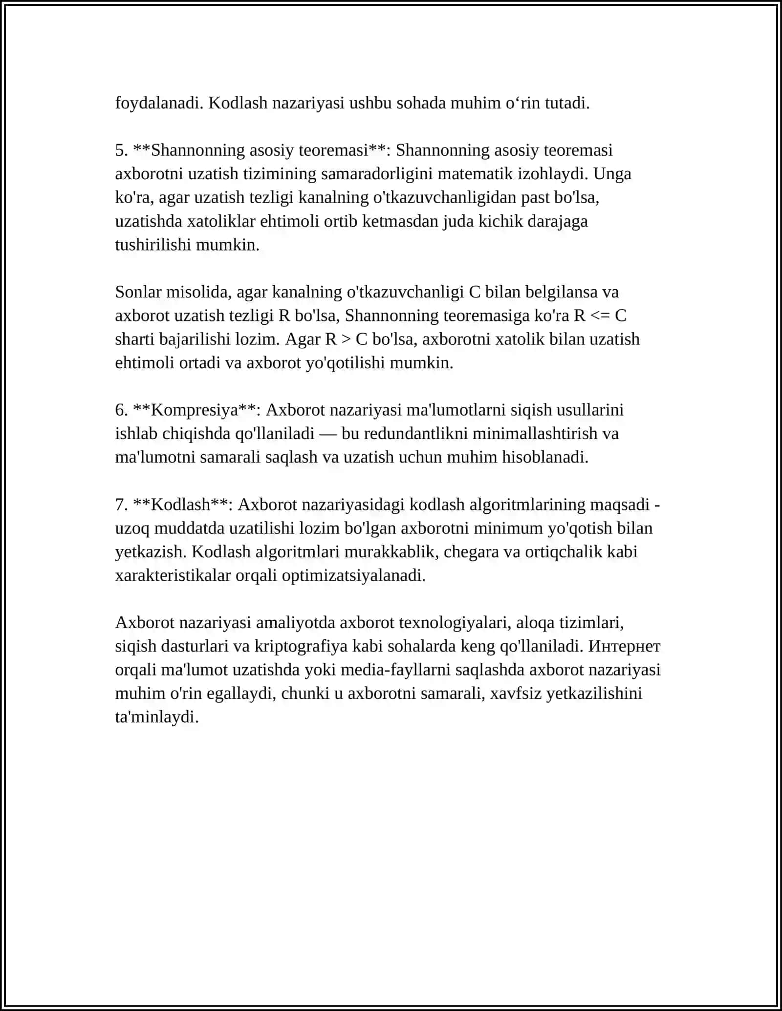 AXBOROTLARNI KODLASH, AXBOROTNING O'LCHOV BIRLIKLARI 4