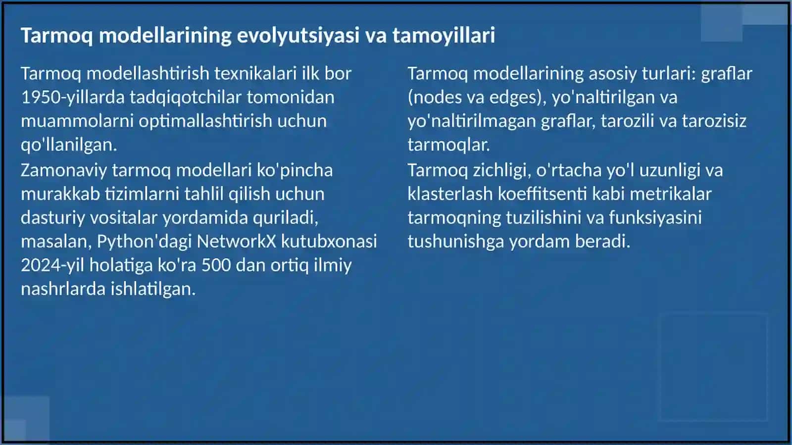 TARMOQ MODELLARI. LOYIHA JADVALI 4