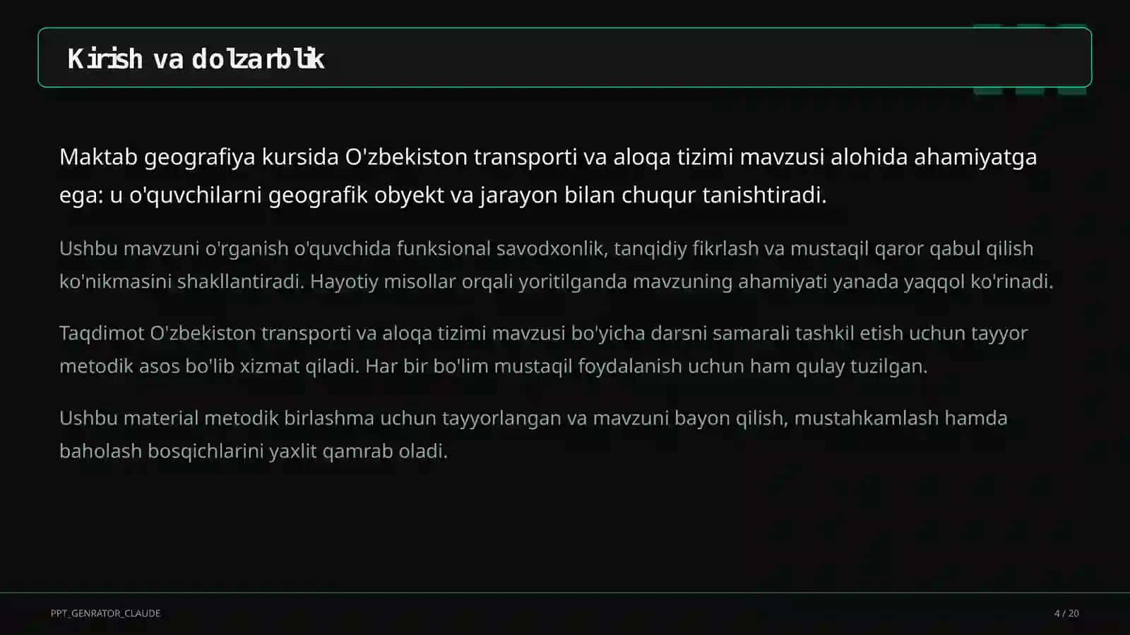 O'zbekiston transporti va aloqa tizimi (9-sinf) 4