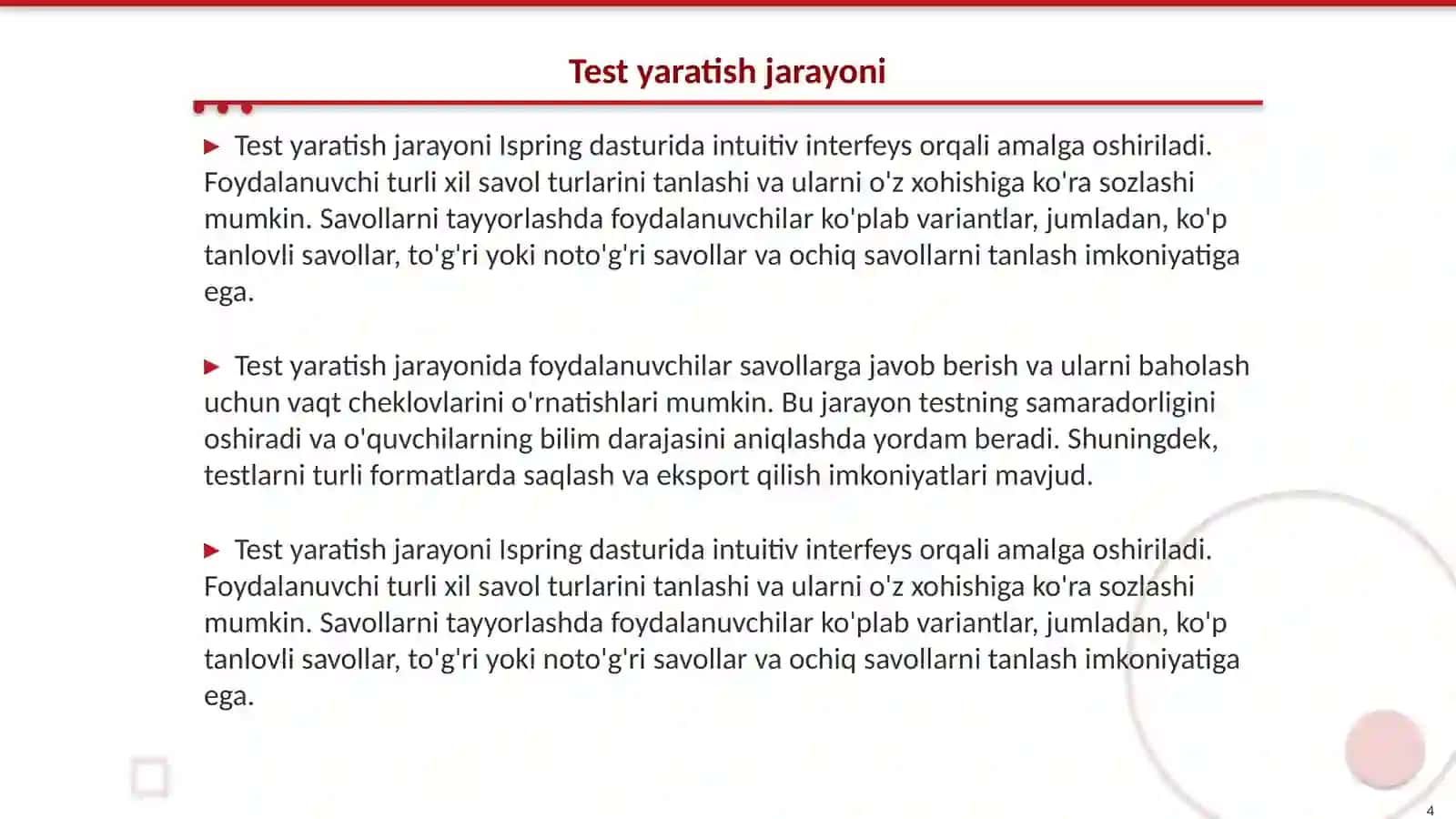 Ispring dasturida test yaratish 4