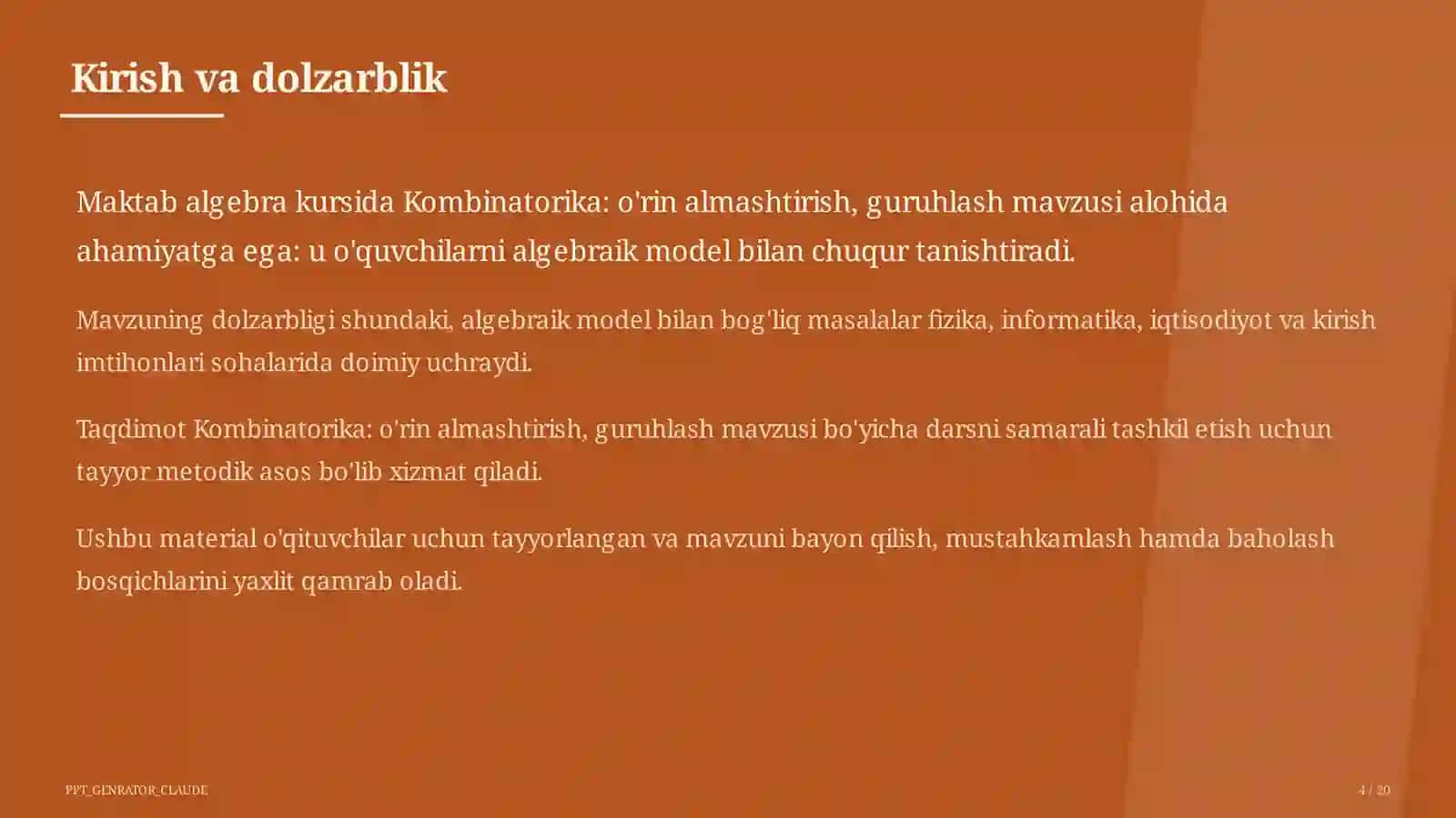 Kombinatorika: o'rin almashtirish, guruhlash (9-sinf) 4