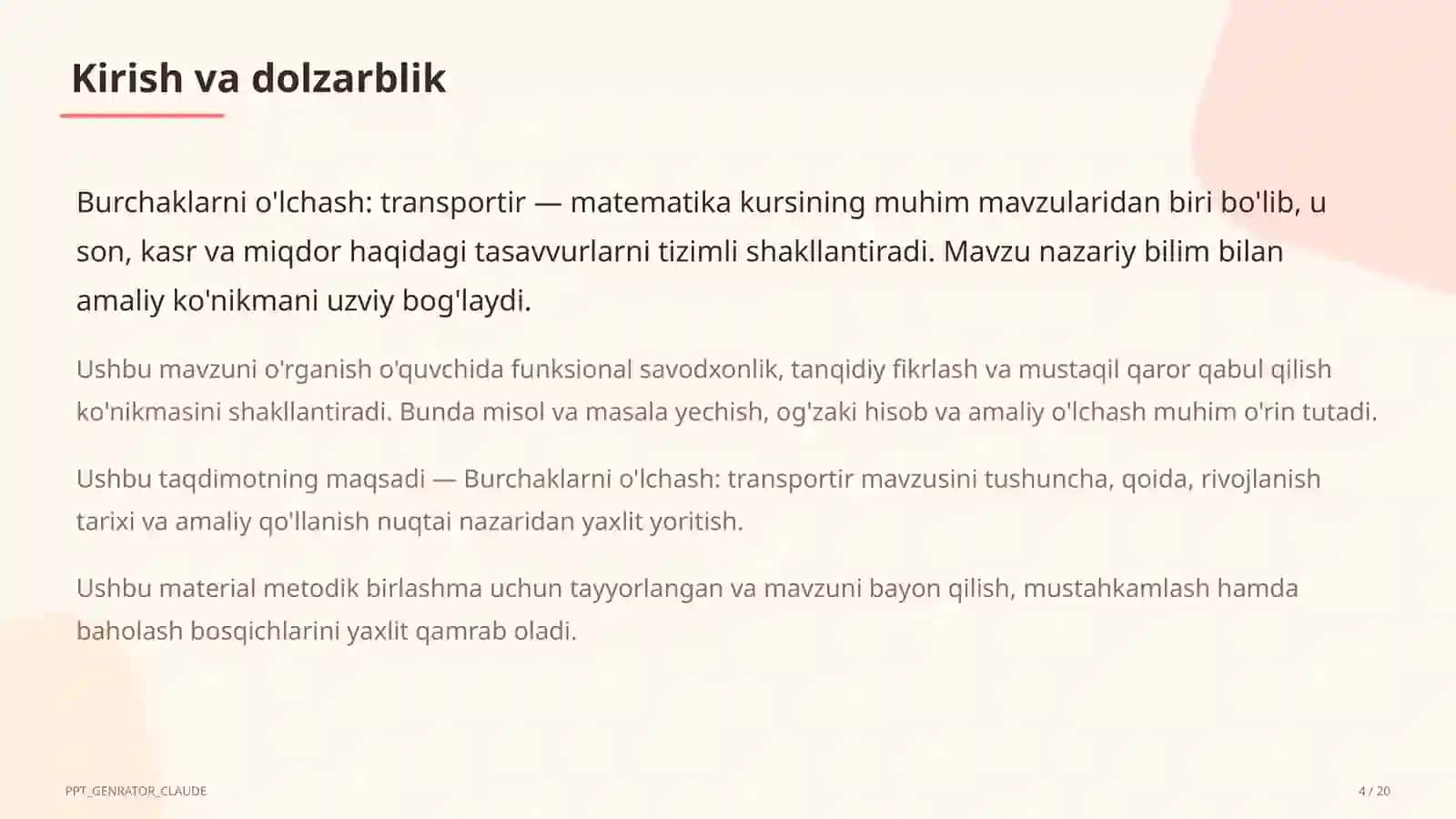 Burchaklarni o'lchash: transportir (5-sinf) 4