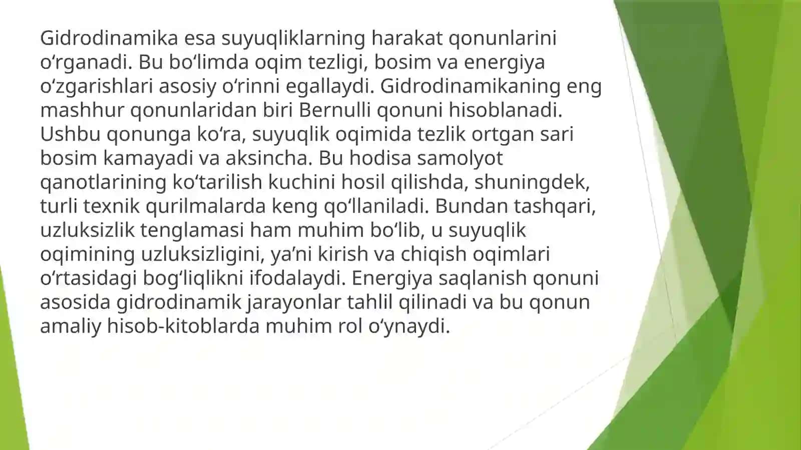 Gidromexanika jarayonlar gidrostatikaning asosiy tenglamalari gidrodinamikaning asosiy qonunlari 4
