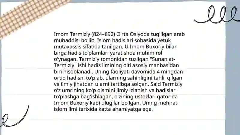 Imom Buxoriy va Imom Termiziyning hadis ilmiga qòshgan hissalari tahlili 4