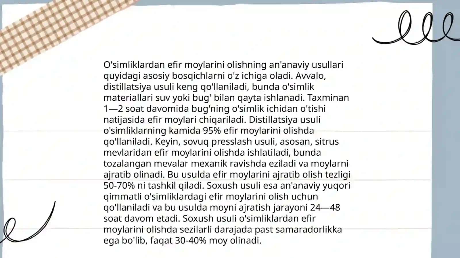 Efir moylarini ekstraksiya usuli bilan olish 4