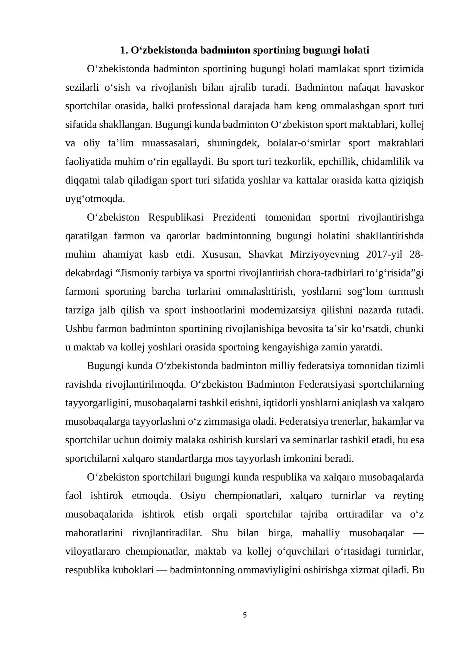 O‘zbekistonda badmintonning bugungi ahvoli ommaviy musobaqalardagi o‘rni va ahamiyati 4