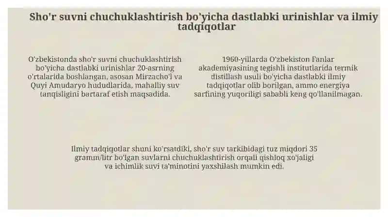 O'zbekistonda sho'r suvlarni chuchuklashtirish g'oyasinivyaratish 4