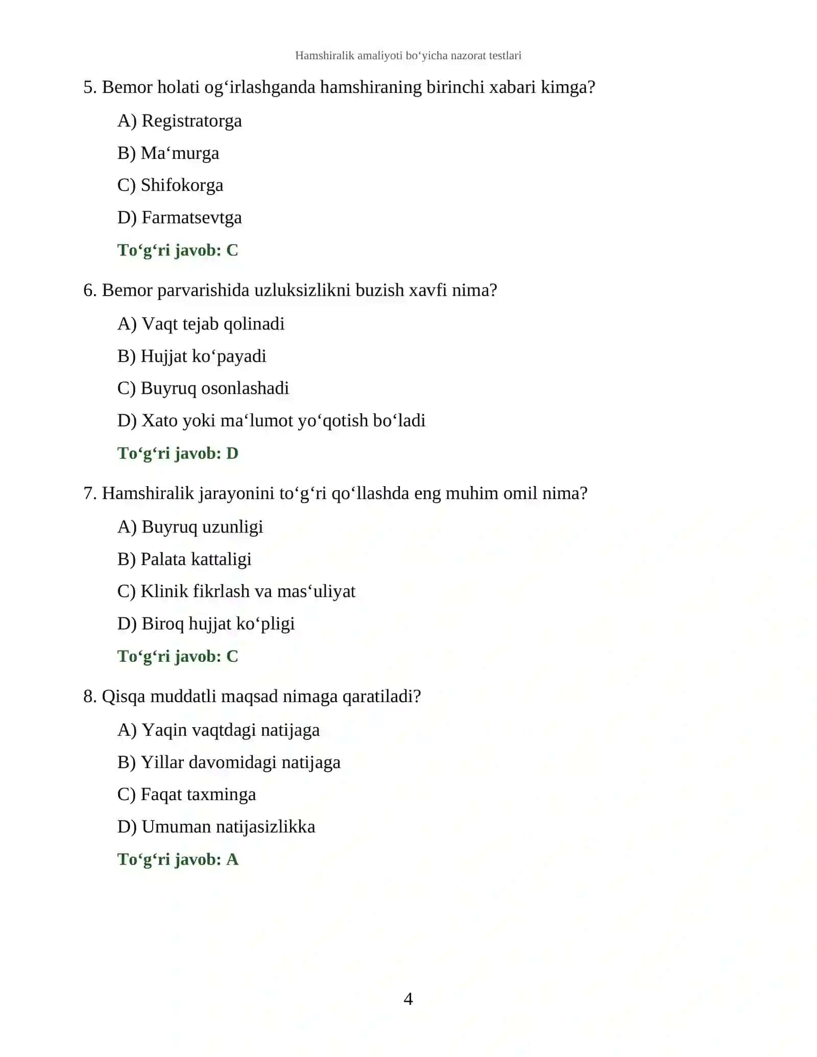 Hamshiralik amaliyoti bo‘yicha nazorat testlari 4