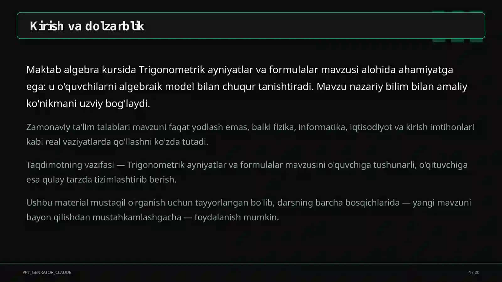 Trigonometrik ayniyatlar va formulalar (10-sinf) 4