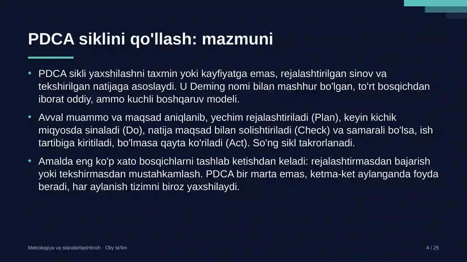Davlat-xususiy sheriklik loyihalarida PDCA siklini qo'llash 4