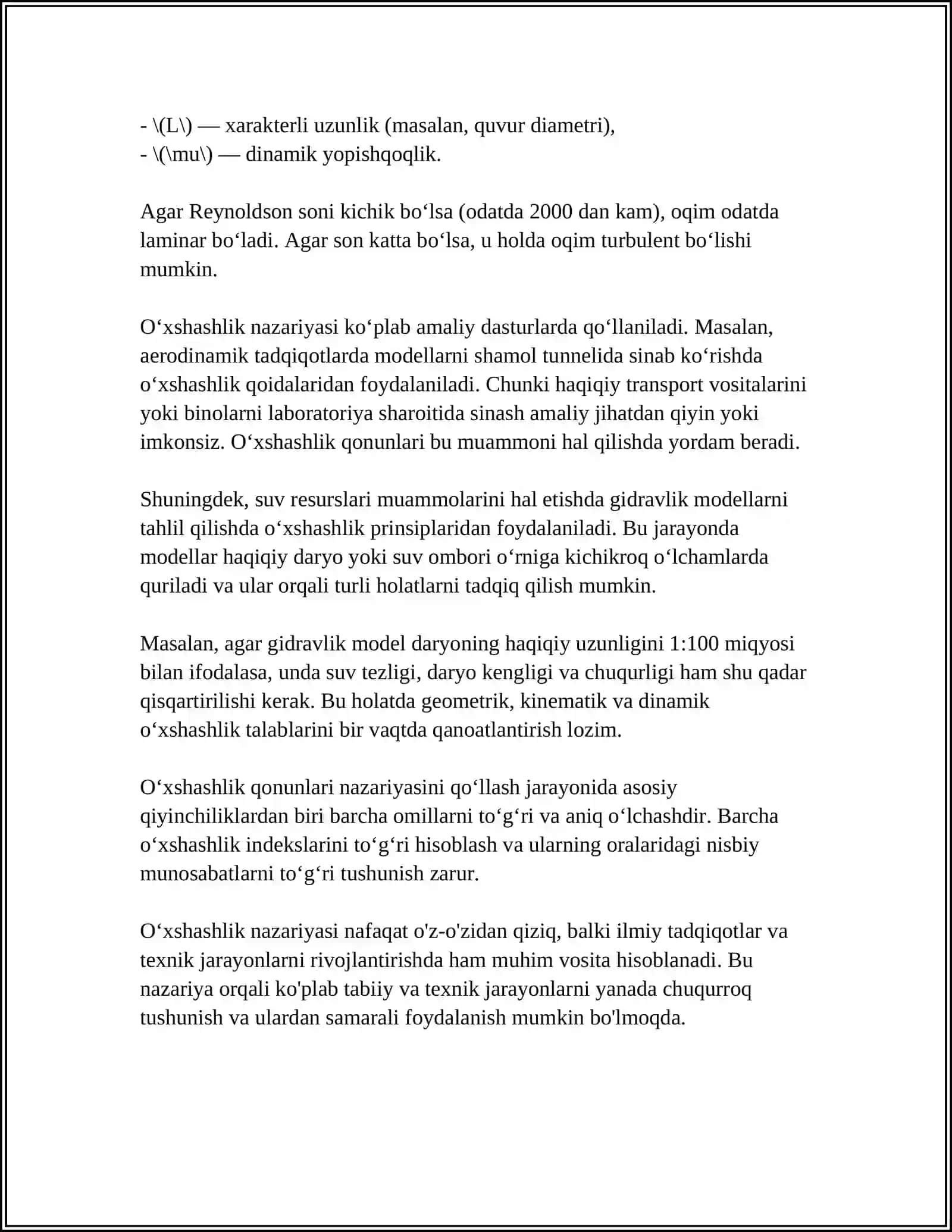 O'XSHASHLIK QONUNI. STAKS FORMULASI. GIDRODINAMIK BEQARORLIK. TURBULENT VA LAMINOR OQIM 4