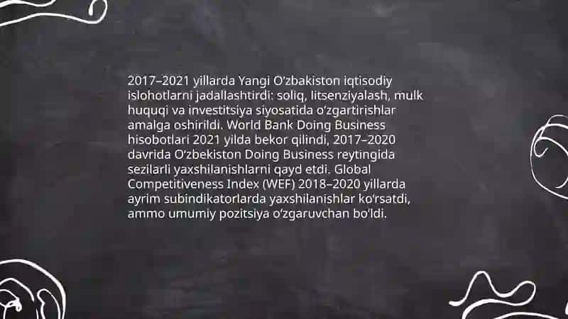 Yangi Oʻzbakistonning ijtimoiy-siyosiy, iqtisodiy va madaniy hayotida roʻy berayotgan oʻzgarishlarning xalqaro reyting va indekslarda aks etilishi 4