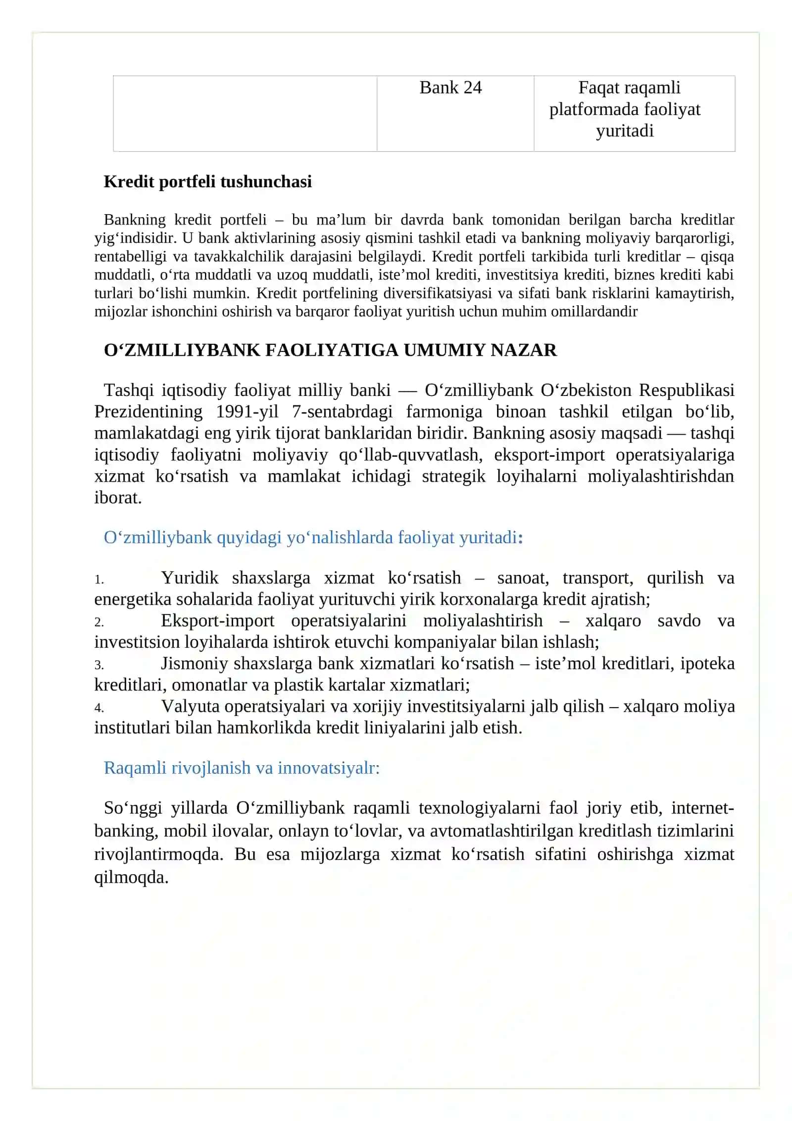 TIJORAT BANKLARNINGNING KREDIT PORTFELINI TAHLIL HISOBOTI (O‘ZMILLIYBANK (NBU)  MISOLIDA) 4