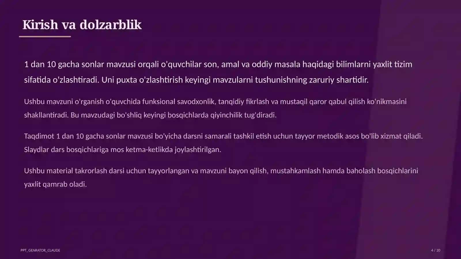 Boshlang'ich sinf: Matematika (1-4) — takrorlash darsi uchun 4