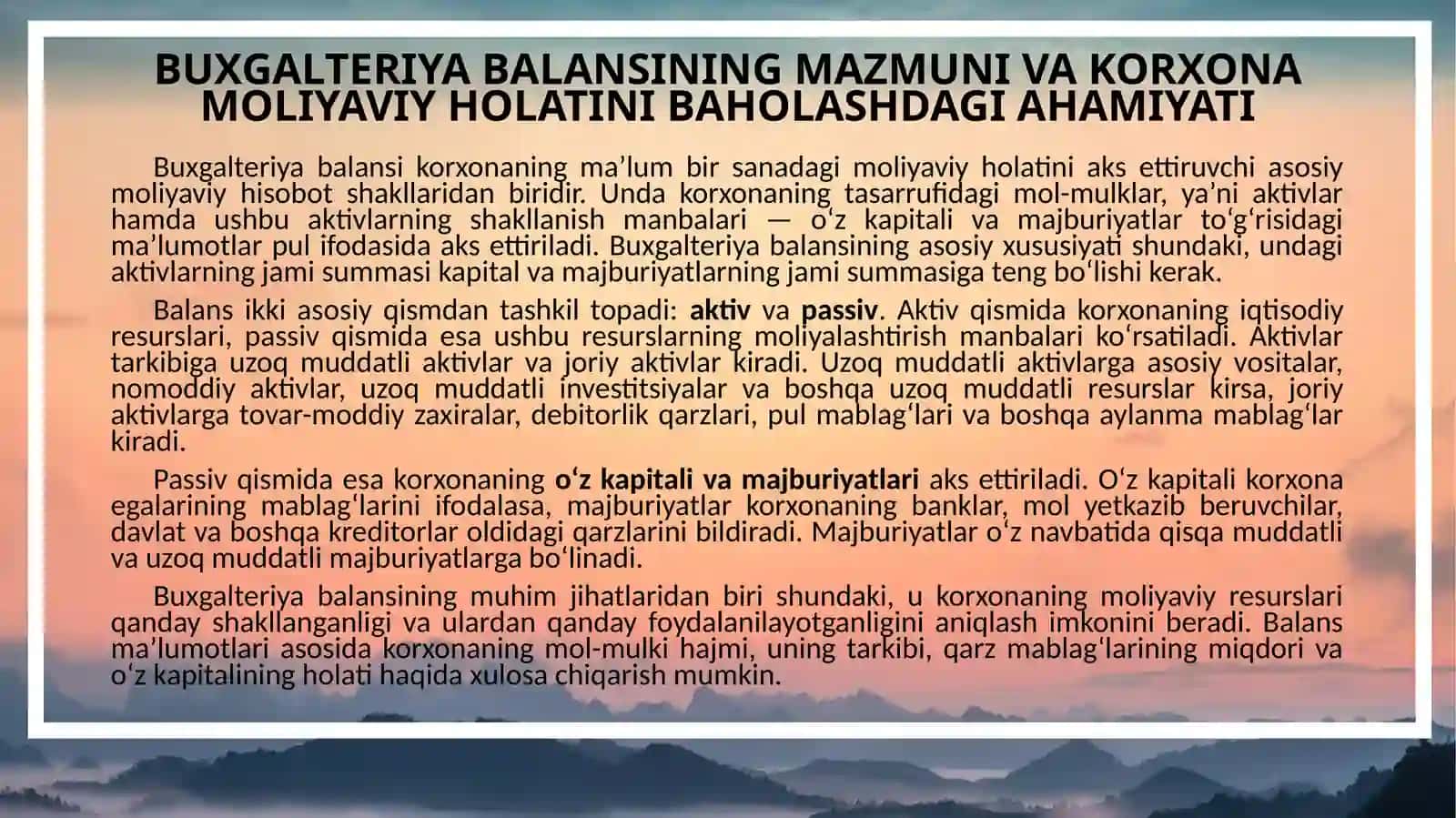 BUXGALTERIYA BALANSI MA'LUMOT ASOSIDA KORXONANING MOLIYAVIY HOLATINI BAHOLASH 4