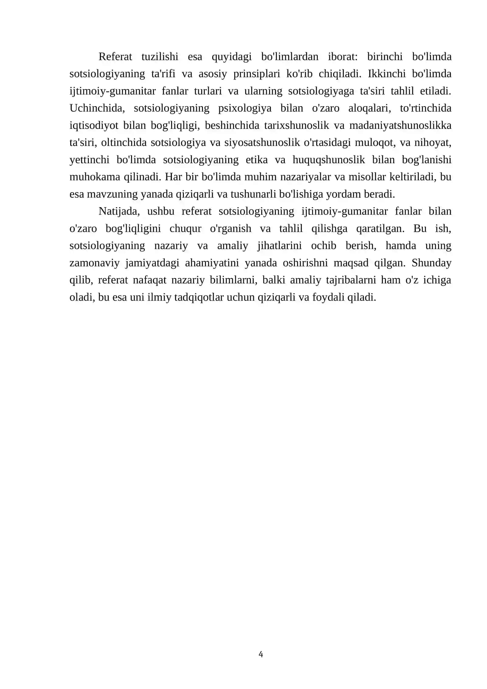 Sotsiologiyaning ijtimoiy-gumanitar fanlar bilan o‘zaro bog‘liqligi REFERATI 4