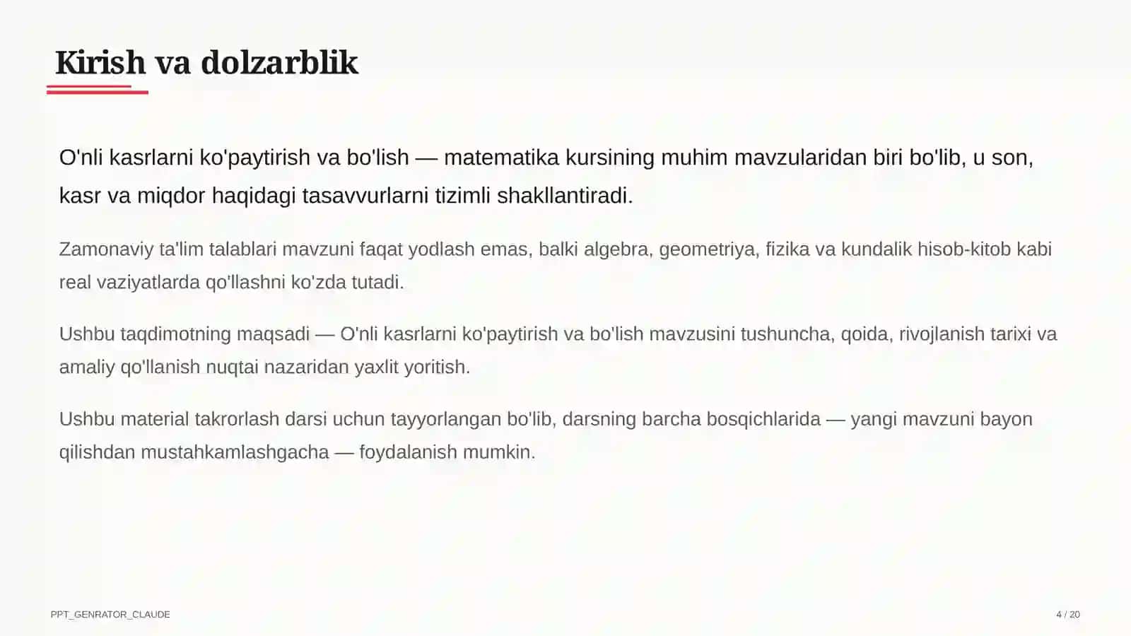 O'nli kasrlarni ko'paytirish va bo'lish (5-sinf) 4