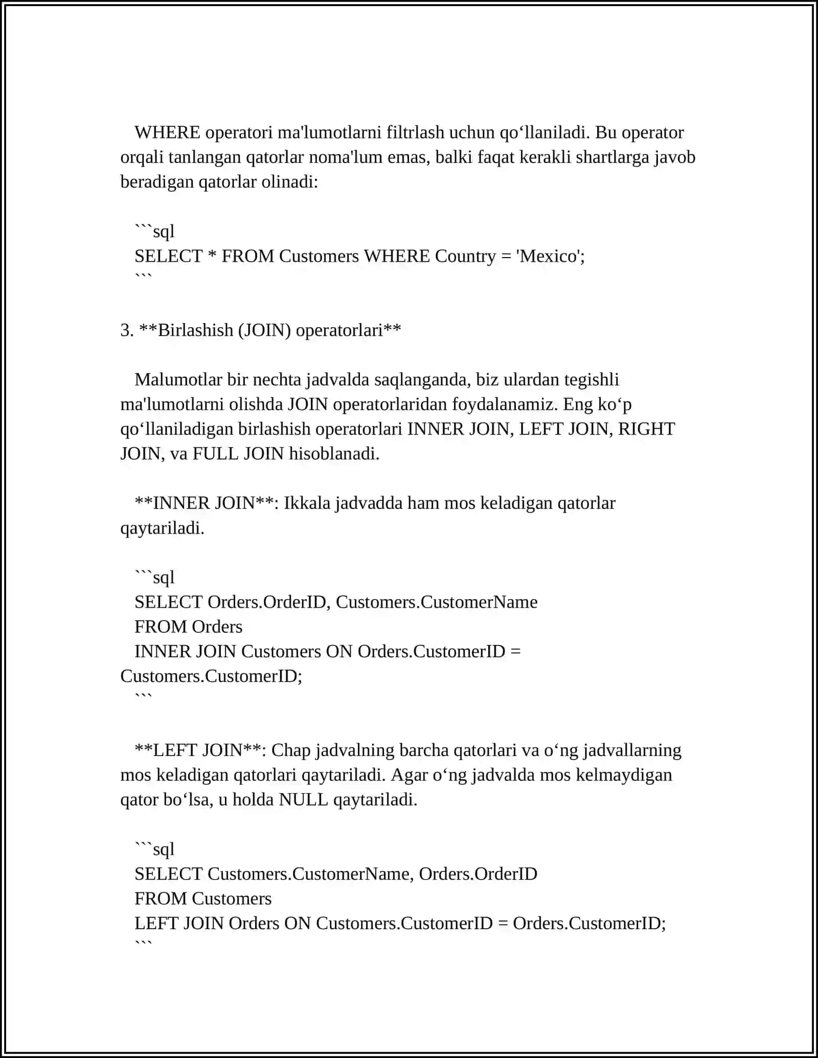 SQL TILI VA SQL OPERATORLARINI YOZISH 4