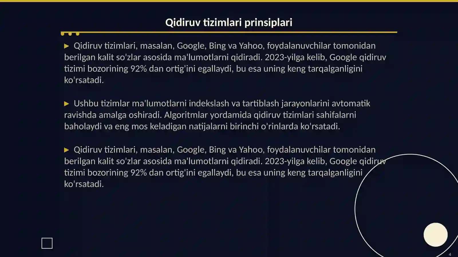 Internetda ma’lumotlarni izlash Darsning texnologik xaritasi 4