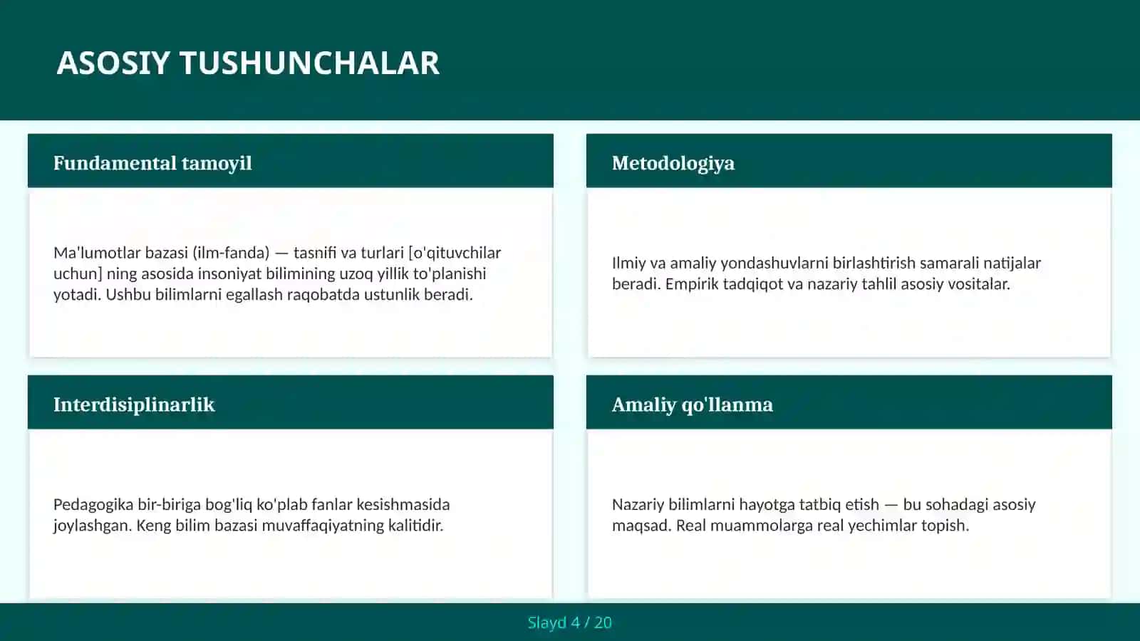 MA'LUMOTLAR BAZASI (ILM-FANDA) — TASNIFI VA TURLARI [O'QITUVCHILAR UCHUN] 4